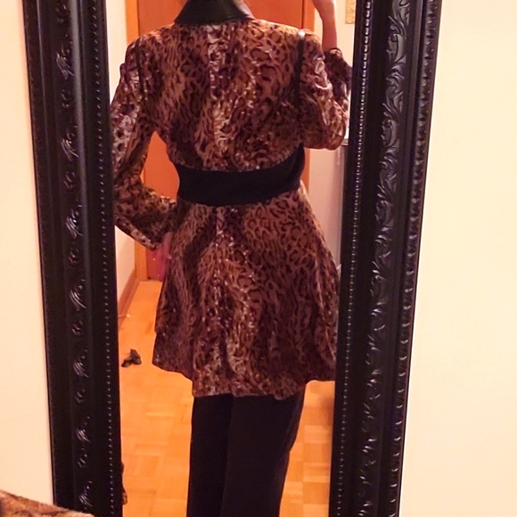 NWOT Faux-Fur Leopard Print Swing Coat, Faux-Leather Collar, Pockets! Peplum, S - Picture 15 of 17